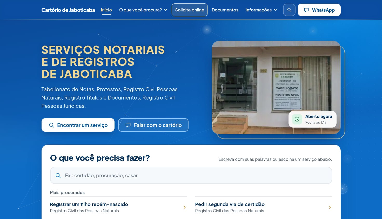 Página inicial do site do Cartório de Jaboticaba